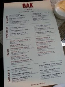 Oak Grill Menu